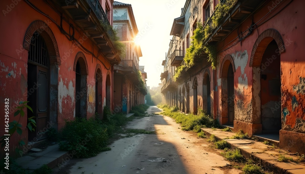 Fototapeta premium Panam City abandoned street with crumbling brick buildings and arched windows