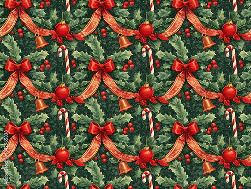 Christmas holly and ribbon pattern with candy canes