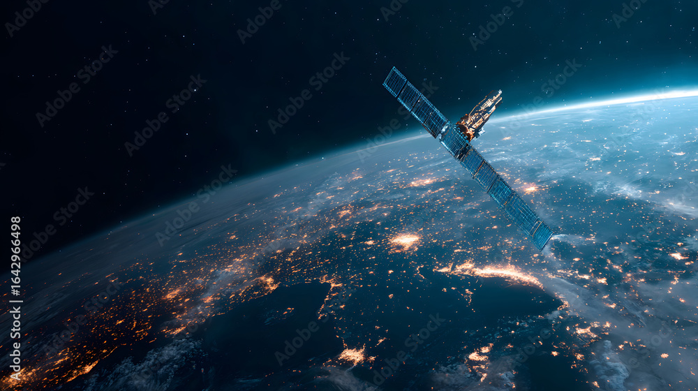 Obraz premium A futuristic satellite collecting climate data from Earth with glowing interface overlays.