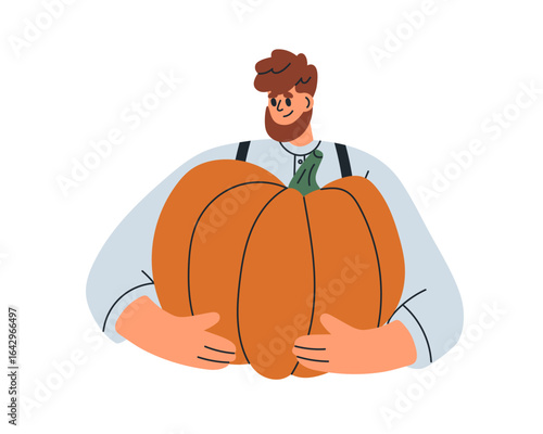 Farmer with pumpkin in hands. Happy man holding natural organic vegetable, autumn fall season harvest, country farm produce, agriculture crop. Flat vector illustration isolated on white background