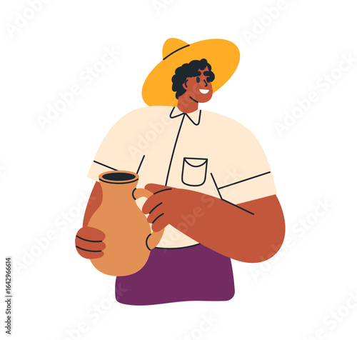 Happy farmer with milk jug in hands. Smiling African-American man in hat,hold...