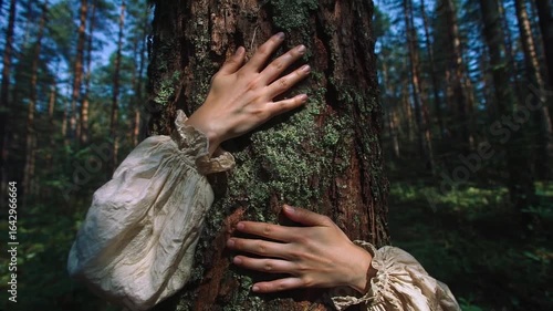 Two female hands gently embrace and caress a tree trunk in a peaceful forest, symbolizing connection with nature, calmness, and environmental care.