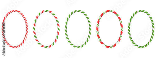 Christmas candy cane photo frame set. Circle borders in red and green lollipop style. Striped design for xmas decor