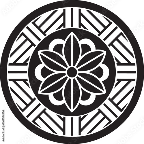Black and white geometric floral mandala with radial symmetry and tribal patterns symmetrical