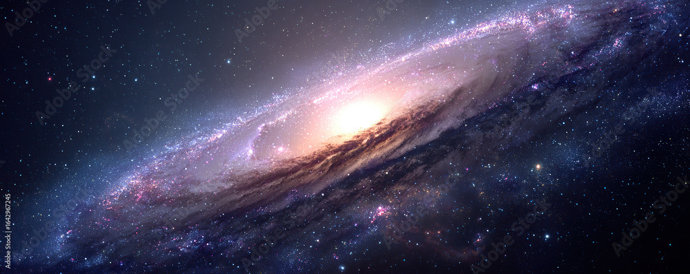 Fototapeta premium Vast spiral galaxy illuminated by brilliant cosmic lights in deep space at night