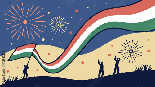 Night celebration scene with people waving a long tricolor flag under a sky lit by fireworks, symbolizing patriotism, unity, and national pride against a festive backdrop.

