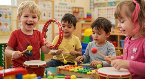 笑顔輝く子供たち 音楽遊び 明るい教室 楽しい時間. AI Generated