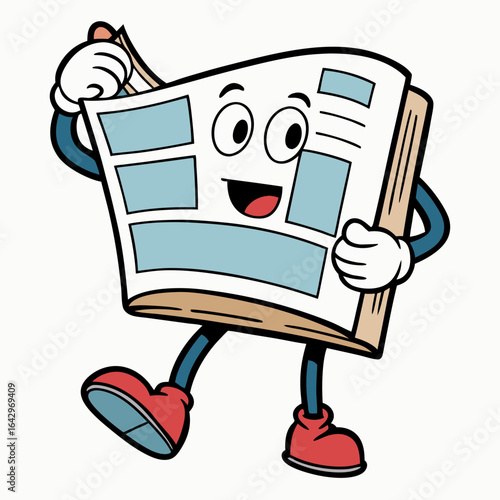Cartoon newspaper with happy face and character