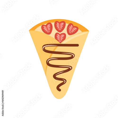 Crepe with strawberry fruit slice. Breakfast crepe. Sweet crepe. Thin cake.