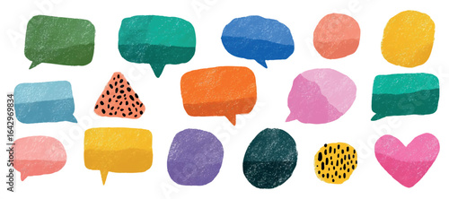 Watercolor colorful figures in the form of stylized bubbles for messages, geometric shapes and hearts. Color bubbles for communication. Crayon frames for text messages.