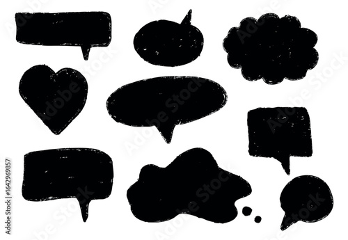 Black bubbles and frames for rummy drawn with chalk. Text boxes for dialogues in the form of doodles or chalk. Dialogue bubbles with garnet texture. Charcoal drawn frames for conversations.