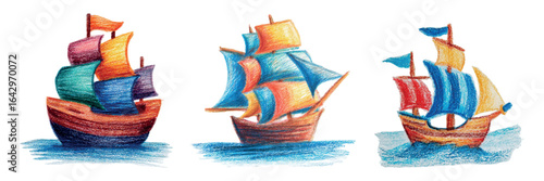 Children's drawing of a boat. A set of ships sailing the sea, drawn with colored pencils. Crayon kid landscape with yacht boat. Children's drawing with colored pencils of a boat in the sea with sails.