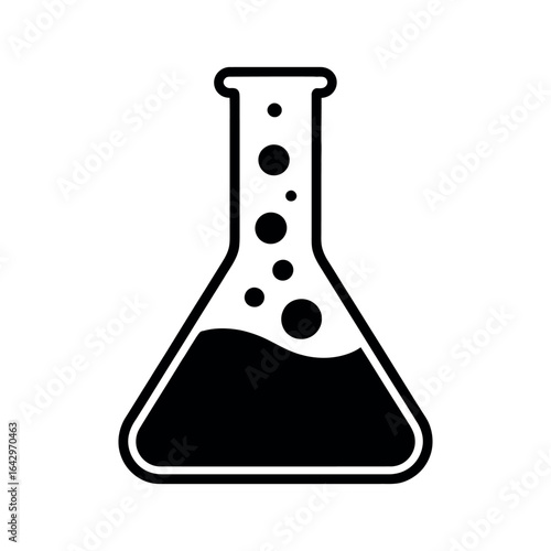 Black laboratory flask with liquid and bubbles science