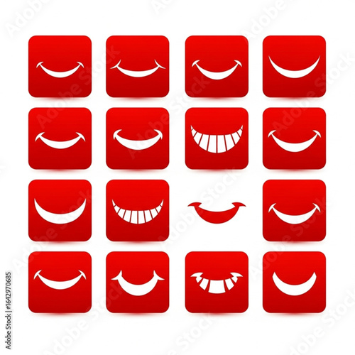 Collection of various smiling mouth icons displayed on red square backgrounds, representing different expressions.