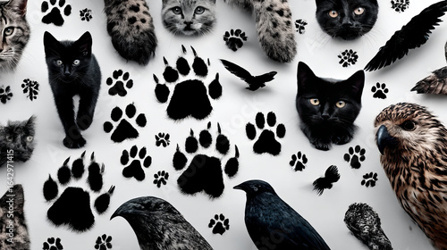 Animals paw prints. Pets trails. Vector set. Black traces of mammals and birds. Wild animal feet silhouette. Foot paws track tiger, cat , dog etc.  