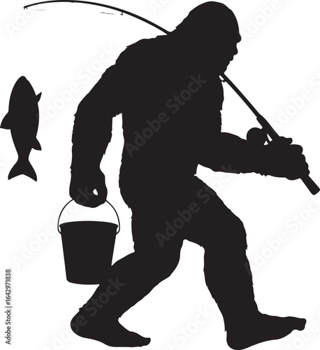 Silhouette of Bigfoot carrying fishing gear and a bucket walking with a fish next to him representing outdoor recreational activities and mythical creatures in nature