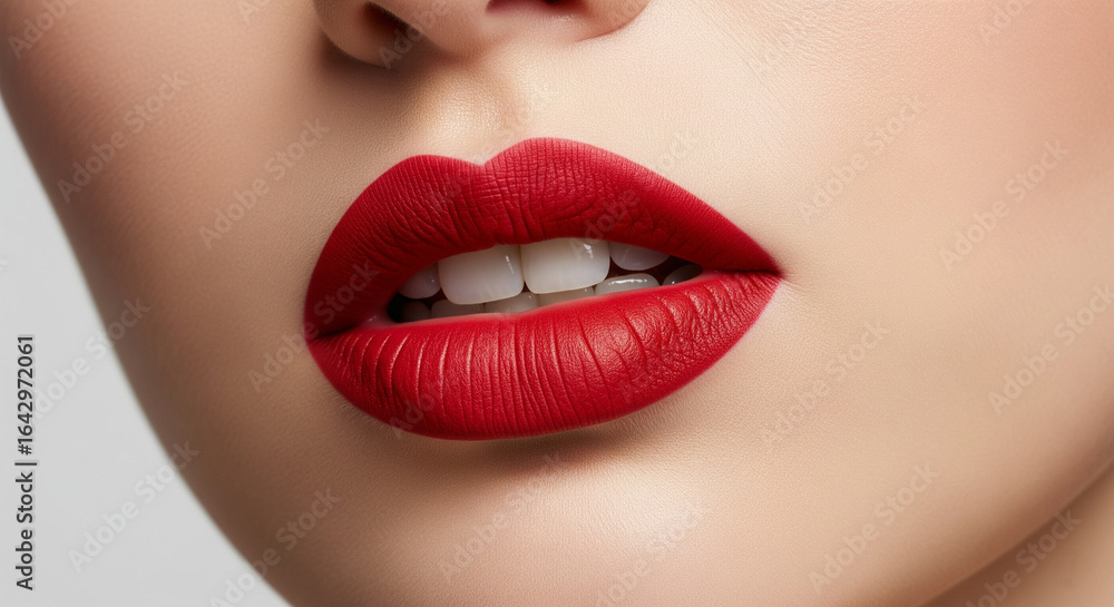 Fototapeta premium Close up of a woman s full red lips with white teeth and smooth skin