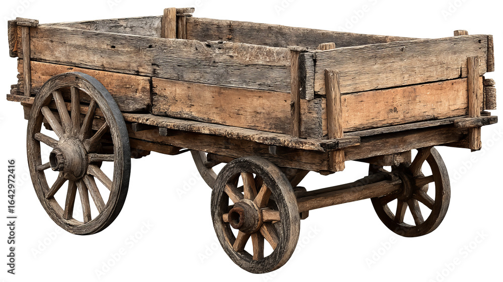 Fototapeta premium Old wooden handcart isolated on transparent background — high-resolution PNG cutout of rustic vintage farm cart with weathered wood texture, clean edges, antique rural transport prop for mockups