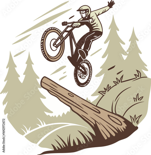 The image is a graphic of a biker performing a jump over a log. The biker is in mid-air, with one hand raised, against a backdrop of stylized trees and hills.

