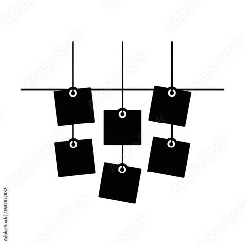 Black square tags hanging on strings cards