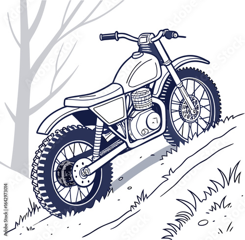 Illustration of a dirt-bike with snow-adapted tires on a frosted, grassy hill. The motorcycle is facing right, with trees in the background.

