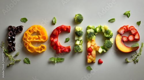 The word recipe spelled out with fresh colorful fruits and vegetables