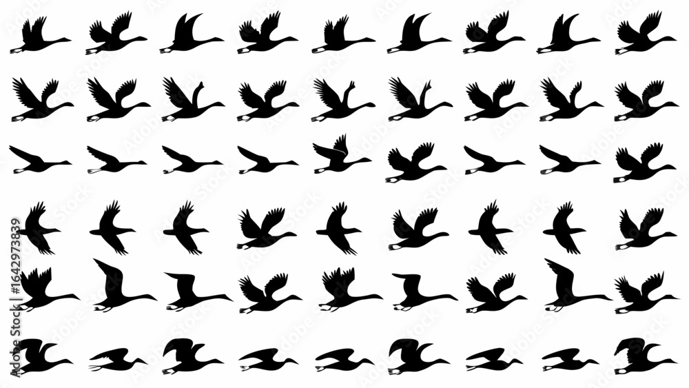 Naklejka premium Silhouette pattern of geese in flight showing various wing positions against a white background in rows and columns