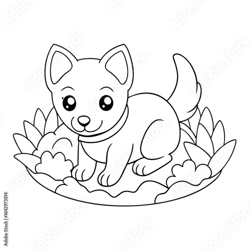black outline printable puppy sniffing flower