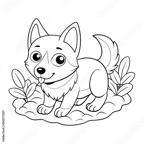black outline printable puppy running in meadow