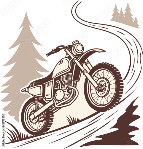 Illustration of a dirt bike speeding up a grassy hill. It's depicted with motion lines and forest scenery, suggesting outdoor adventure.

