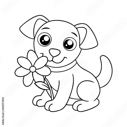 black outline printable puppy sniffing a flower