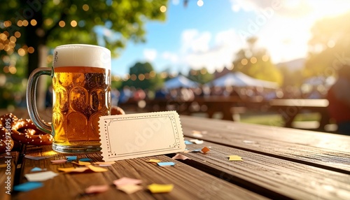 Oktoberfest Celebration Still Life with Beer and Pretzel, Blank Ticket on Wooden Table for Festive Event Design