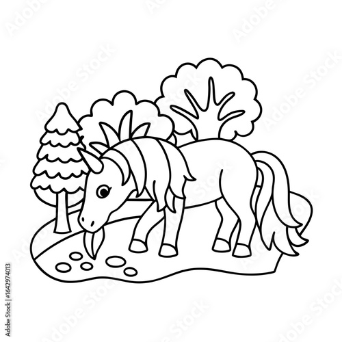 black outline printable unicorn smelling a flower