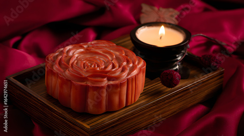 Traditional mooncake with floral patterns, placed on a lacquered tray with warm candlelight.