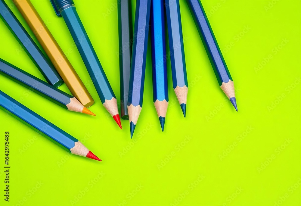 Fototapeta premium Several sharpened pencils arranged on a vibrant green surface, office, texture