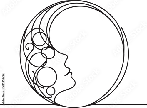 Crescent moon with female face in one line drawing style, black and white minimalistic abstract illustration for decor and design concept