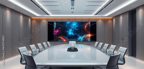 Sleek, minimalist conference room of the future with holographic display,  modern,  display
