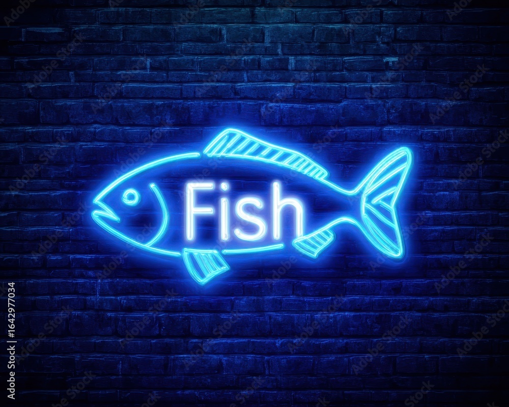 Obraz premium Neon Fish Sign. Creative fish neon signs with blue brick wallpaper background