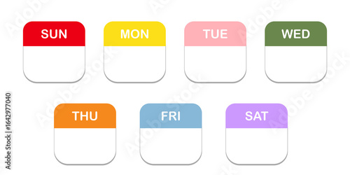 Minimal calendar icon set for seven days of the week, 7 colorful top and white bottom, rounded square design, modern flat style, UI/UX element, illustration