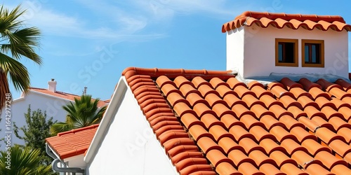 Traditional terracotta roof tiles on a building in Mijas, Spain,  cityscape,  red