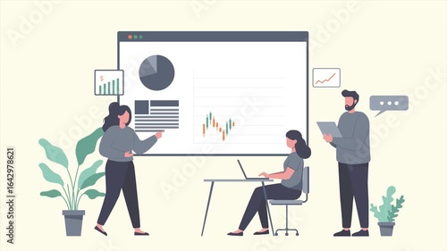 Flat 2d animation, Business team analyzing data on a large monitor with charts in modern office