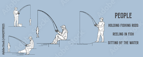 Minimal Architectural Line Drawings of People Fishing, Holding Rods, Reeling in Fish, and Sitting by the Water in Side View Vector Illustration