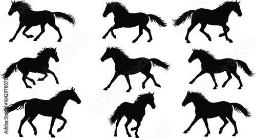 Running horse silhouette collection, galloping and trotting poses, wild mustang vector set, equine animal illustration for farm, ranch, countryside, and nature projects