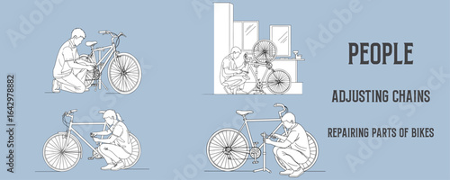 Minimal Architectural Line Drawings of People Adjusting Chains, Pumping Tires, and Repairing Parts of Bicycles in Side View Vector Illustration