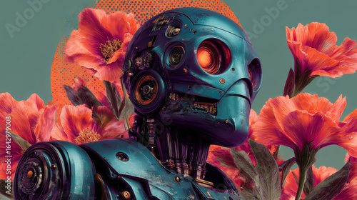 Set of robots and flowers.Collage design elements in trendy dotted pop art style. Collage Template of Vector Art of technology robot future. Vector illustration 