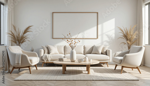 Cozy Modern Living Room with Blank Horizontal Frame, Light Sofa, Curved Armchairs, and Oval Coffee Table