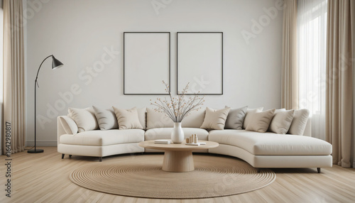 Modern Living Room with Two Blank Vertical Frames, Curved Sectional Sofa, Round Wood Coffee Table, and Neutral Decor