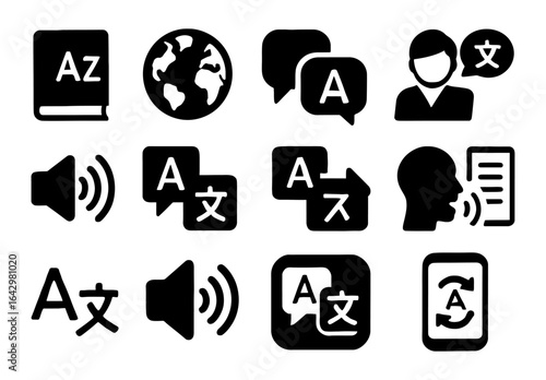 Black and white language icons for translation and communication