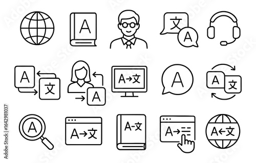 Language translation icons set: web, speech, communication tools in linear style