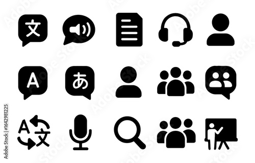 Communication and language icons in simple black silhouette style